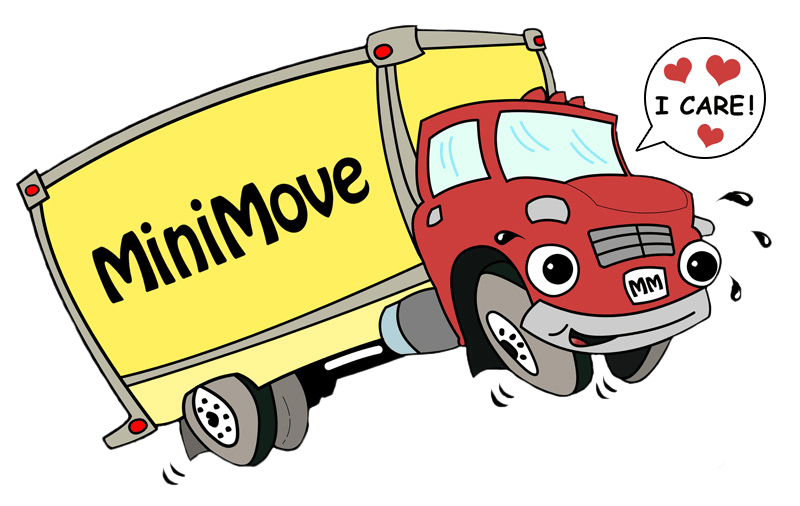 Cartoon MiniMove moving truck jumping and saying ‘I Care!’